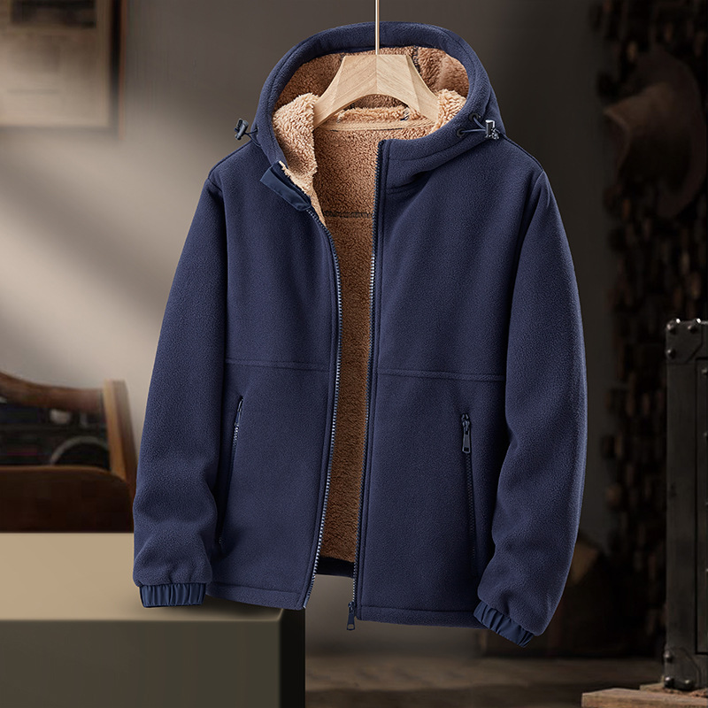 Autumn and Winter New Heavyweight Men's Fleece Jacket Casual Hooded Cashmere Fleece-Lined Thickeneded Warm Cardigan Jacket