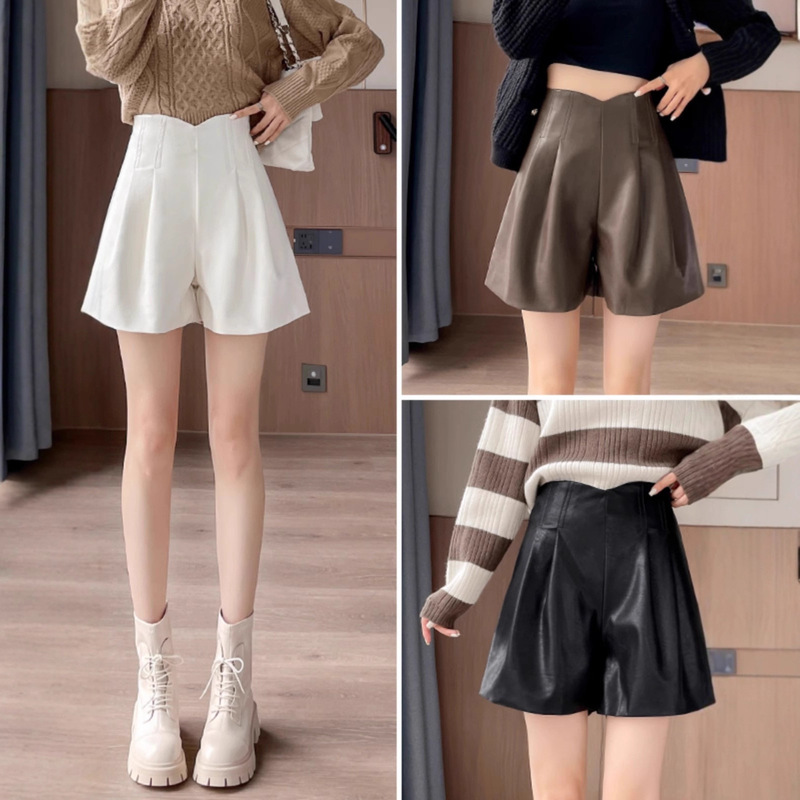 2025 Autumn and Winter Coffee Color Pu Leather Shorts Women's New High-Waisted Loose Slimming Look Versatile A-Line Wide-Leg Casual Boot Pants