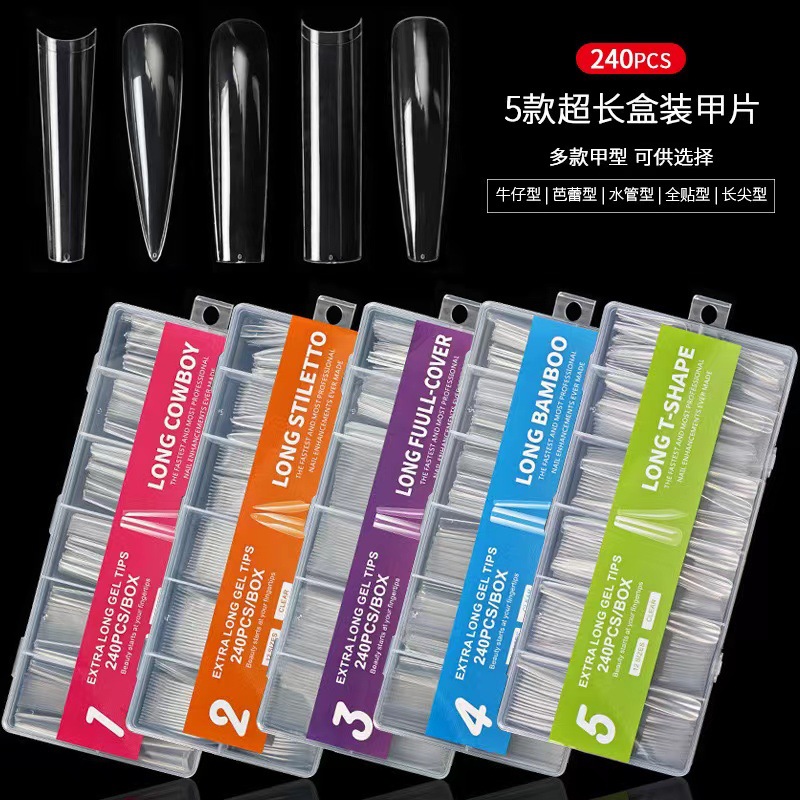 Manicure super largo tubo de agua manicure denim francés manicure falso 240 piezas parche en caja transparente 3XL parche completo al por mayor