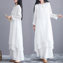 飘逸净色棉麻禅服两件套长袖圆领长裙子松紧腰阔腿裤宽松时尚套装