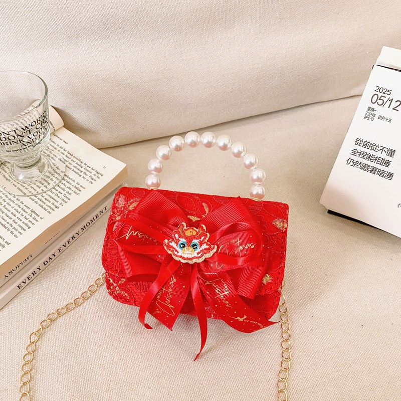 Bolsos rojos para niños, bolsos de arco de perla para chicas, regalos de Navidad y Año Nuevo, bolsos de transporte