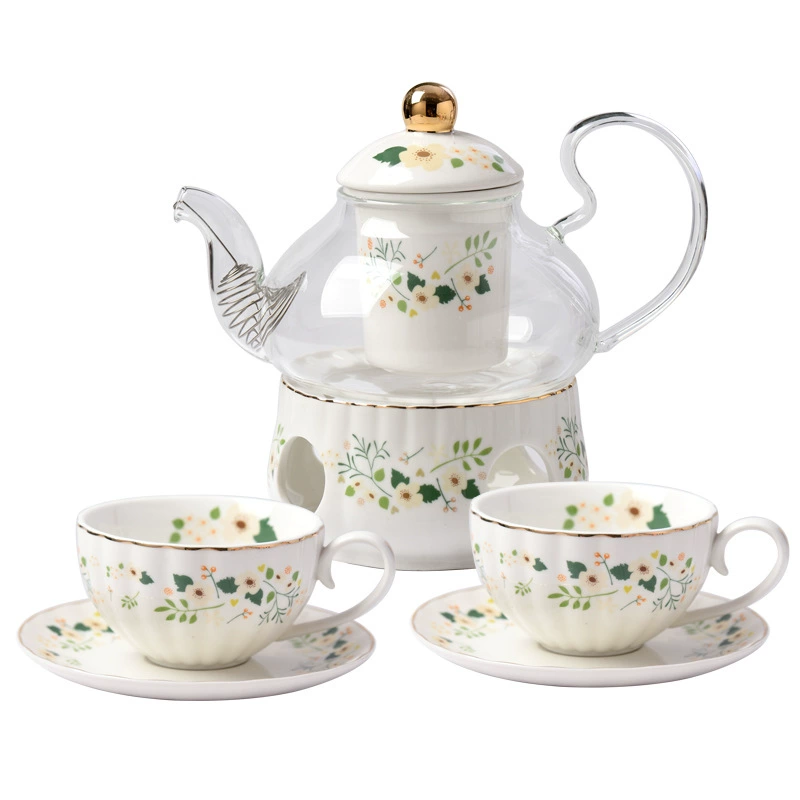 Керамический чайный набор с цветочным рисунком, чайник с подогревателем, чашки и блюдца — корейский стиль