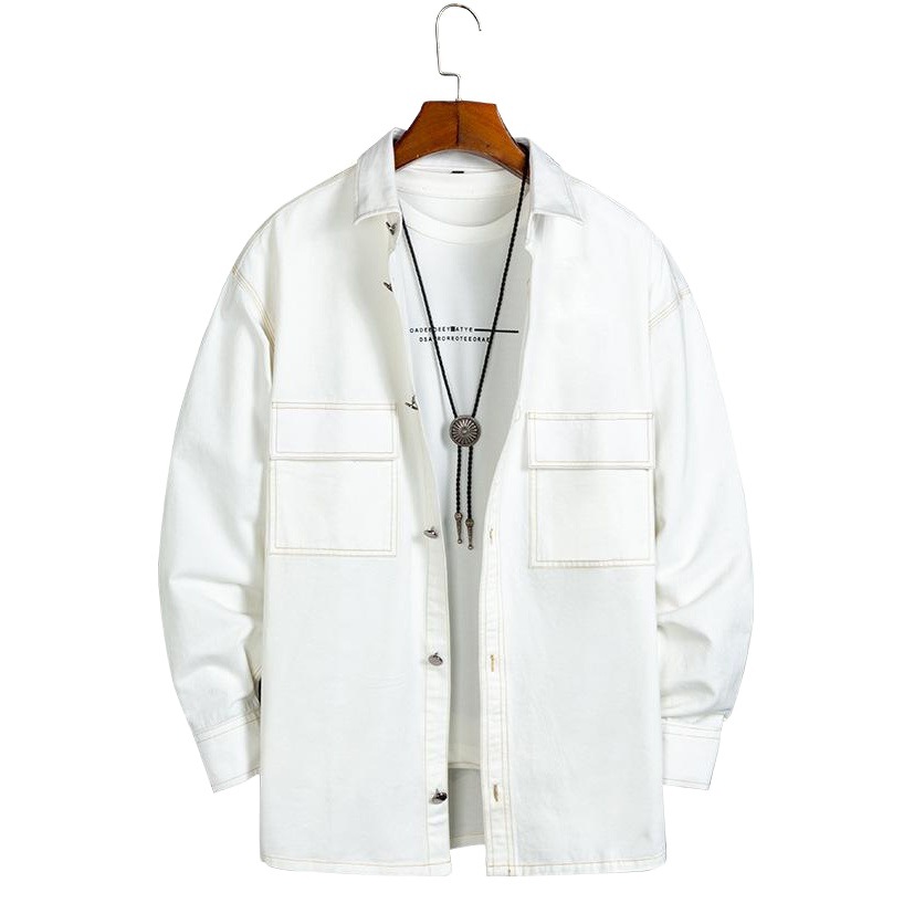 純綿多袋日系工装長袖シャツファッション純色紳士服シャツゆったり大サイズ落肩青年シャツ