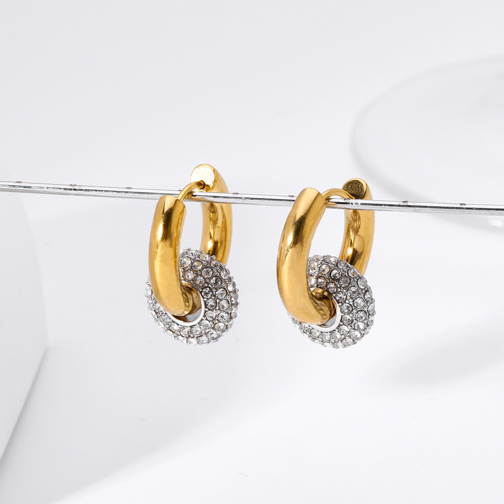 1 Pair Simple Style Round Inlay 201 Stainless Steel Brass Rhinestones Zircon 18K Gold Plated Earrings display picture 2