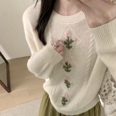 25秋冬季女装羊毛衫韩系甜美风菱格花朵刺绣羊毛贝熊绒针织衫毛衣