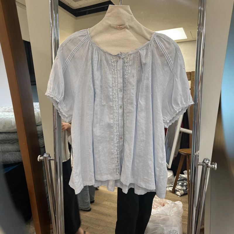 Cotton and Linen Tops for Women Summer 2025 New Popular Lace Thin Doll Shirt White Linen Short-Sleeved Shirt