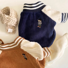 Ins風帽子付き子犬刺繍コーデュロイ野球コート犬服秋冬保温厚手犬服