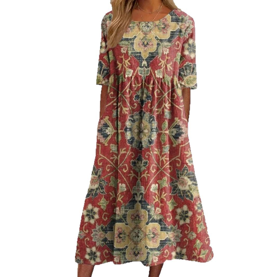 Women's Mid-Waist Summer Casual Round Neck Printed Flared Dress_ecoleips.com