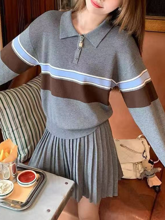 韩系学院风灰色polo领条纹针织衫女秋长袖毛衣上衣裙子套装|undefined