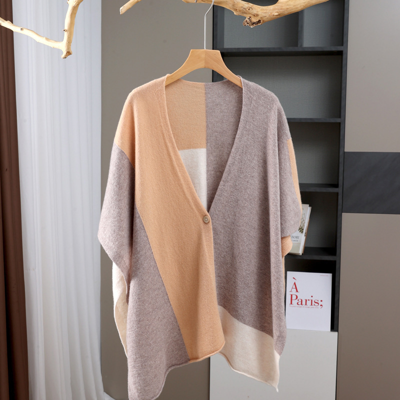 Trendy Color-Blocked Cashmere Shawl Cape for Autumn and Winter, Versatile Cape, Scarf, Sweater, Wool Knit Cardigan