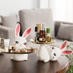 Creative light luxury cute rabbit tray ornaments entrance key storage home ceramic desktop office decorations