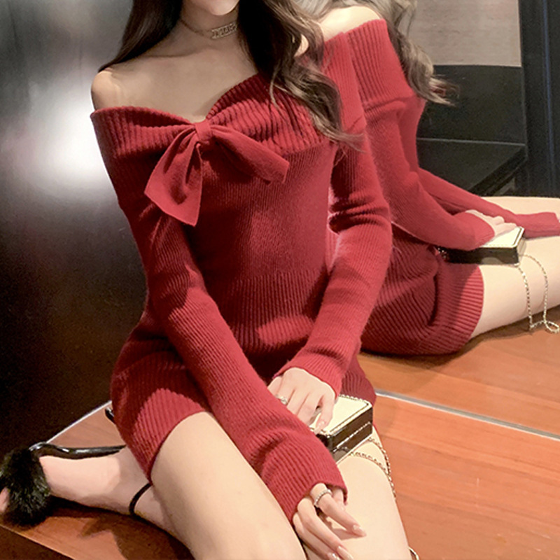 Shoulder Bow Knitted dress Women's Winter Christmas Wear Red Sweater Skirt Long Sleeve Hip Skirt Shoulder Bow Knitted dress Women's Winter Christmas Wear Red Sweater Skirt Long Sleeve Hip Skirt