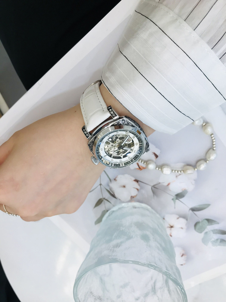 Double-sided hollow women's watch mechanical watch square retro carved Internet celebrity high-end couple watch men's watch belt_voghion.com