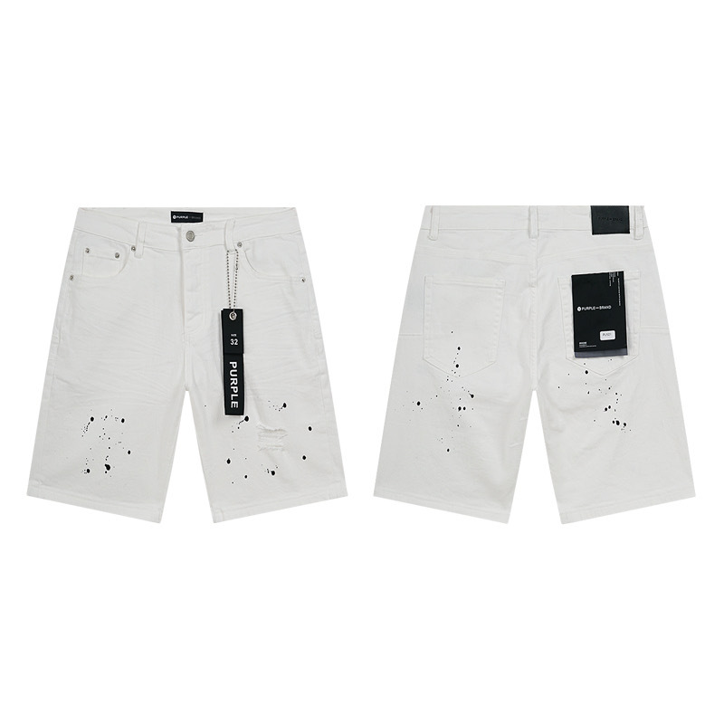 Comercio exterior transfronterizo mayorista purp1e estilo americano marca de alta calle agujero parche de tinta retrógrada lavado jeans pantalones cortos