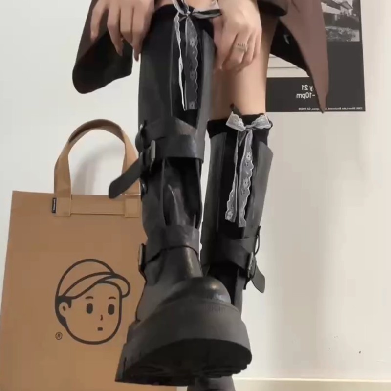 时尚百搭复古皮带扣机车靴秋季设计感女小个子皮靴厚底增高骑士靴|undefined