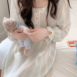 韩系条纹纯棉纱布睡裙女木耳边长袖中长款宽松开襟孕妇家居服批发