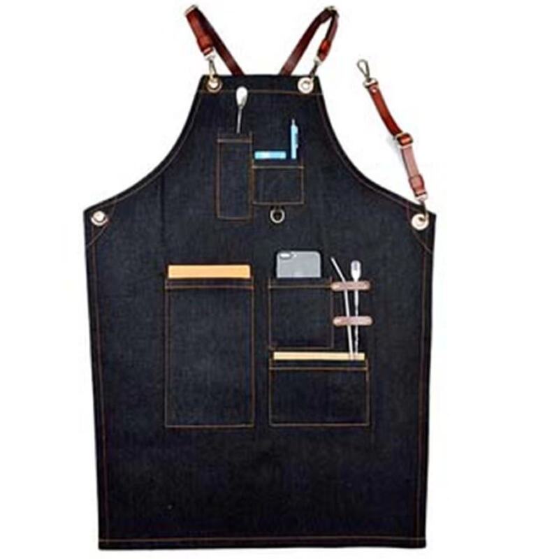 Customized Denim Work Apron with Cross Shoulder Straps, Cross-Border Amazon Custom Logo for Hairdressers and Baristas