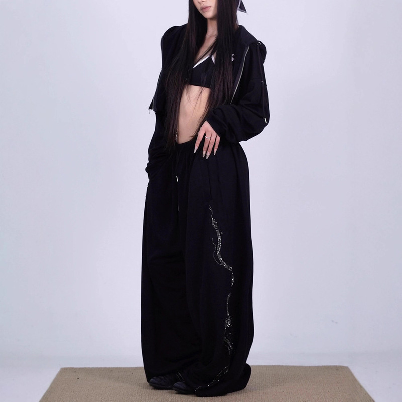 Hip-Hop Fashion Shiny Diamond Branch Snake Sweatpants for Women, Autumn Drape Hip-Hop Versatile Slimming Jazz Dance Scimitar Pants
