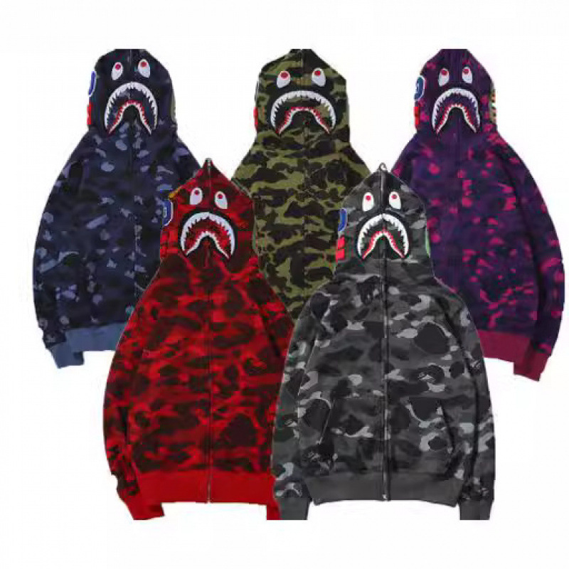2025 Amazon Summer New 3D Printed Cross-Border European and American Trendy Brand Shark Bape Camouflage Men and Women Zipper to the End