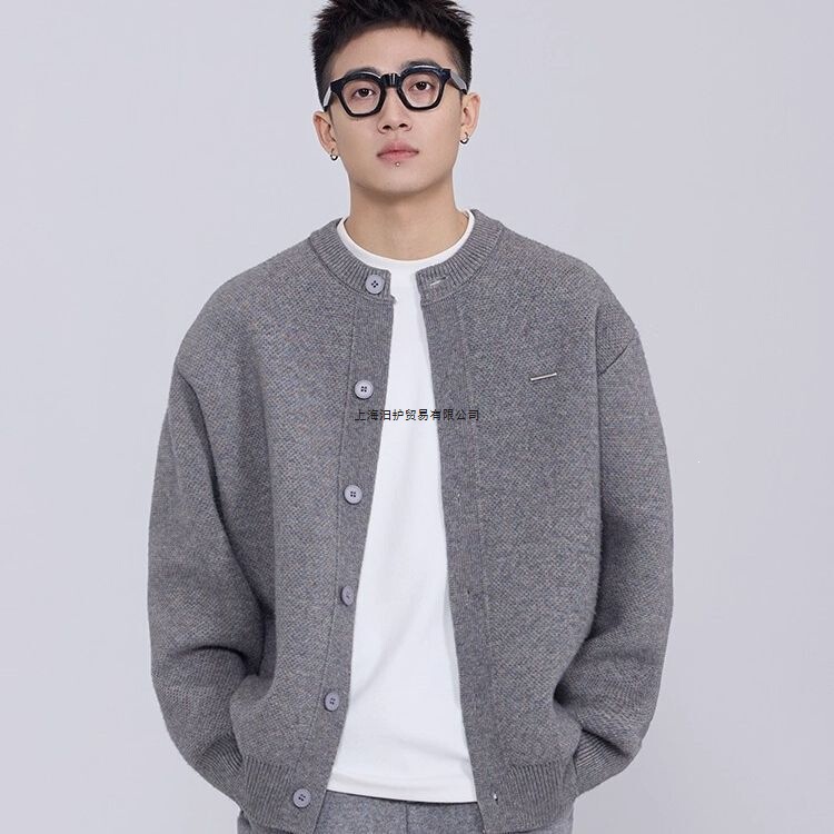 American Retro Dark Gray Cardigan Sweater Jacket Trendy Brand High-End Cleanfit Baseball Collar Knitwear Jacket