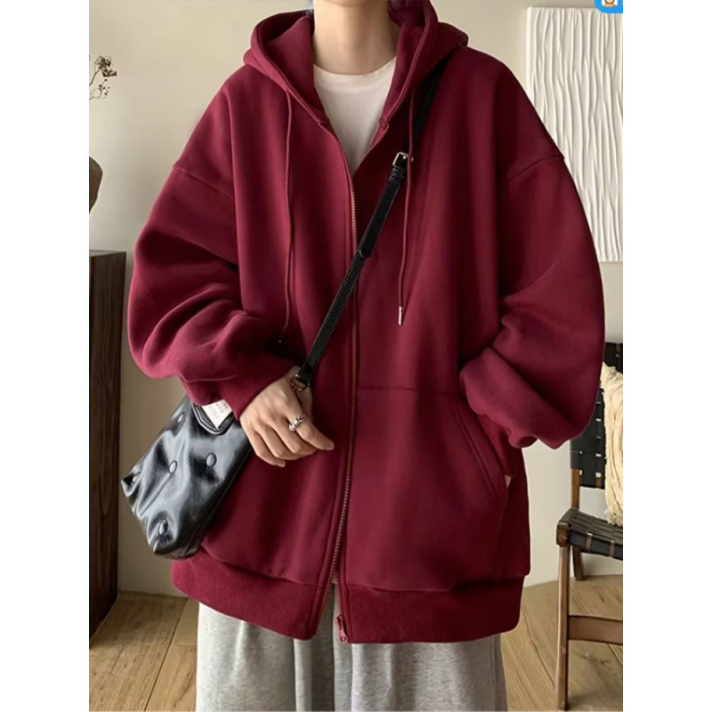 버건디 카디건 후디 남자 봄과 가을 새 커플 솔리드 컬러 재킷 느슨한 올 매치 지퍼 후디 탑