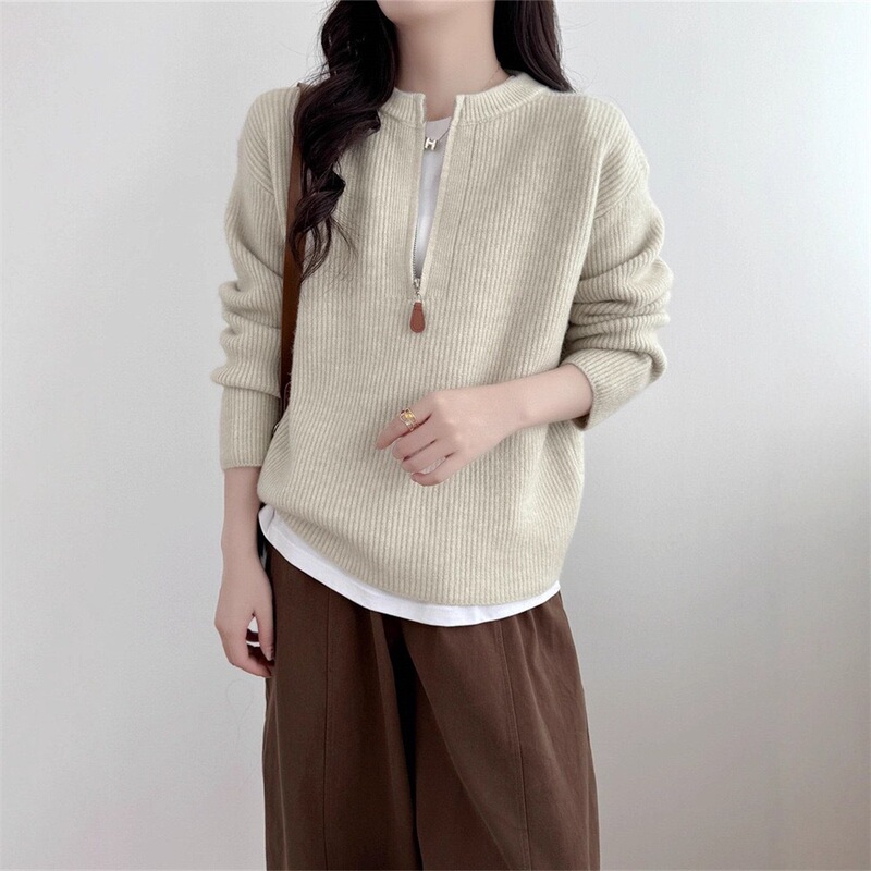 Korean Half-Zip Knitwear for Women 2025 Autumn and Winter Round Neck Pullover Knitwear Lazy Style Soft Waxy Top for Inner and Outer Wear