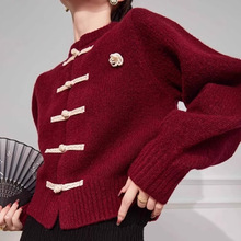 秋冬高级感盘扣针织开衫上衣车厘子国风红色毛衣过年圆领新中式女