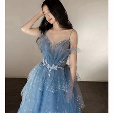 蓝色在逃公主艺考晚礼服裙女2024新款轻奢感主持人小众成人礼礼服