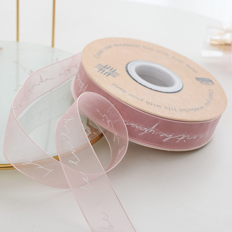 Venta al por mayor cinta de impresión de hilo de nieve letras inglesas Flor de organza pastel de embalaje cinta de ramo de vendaje transparente