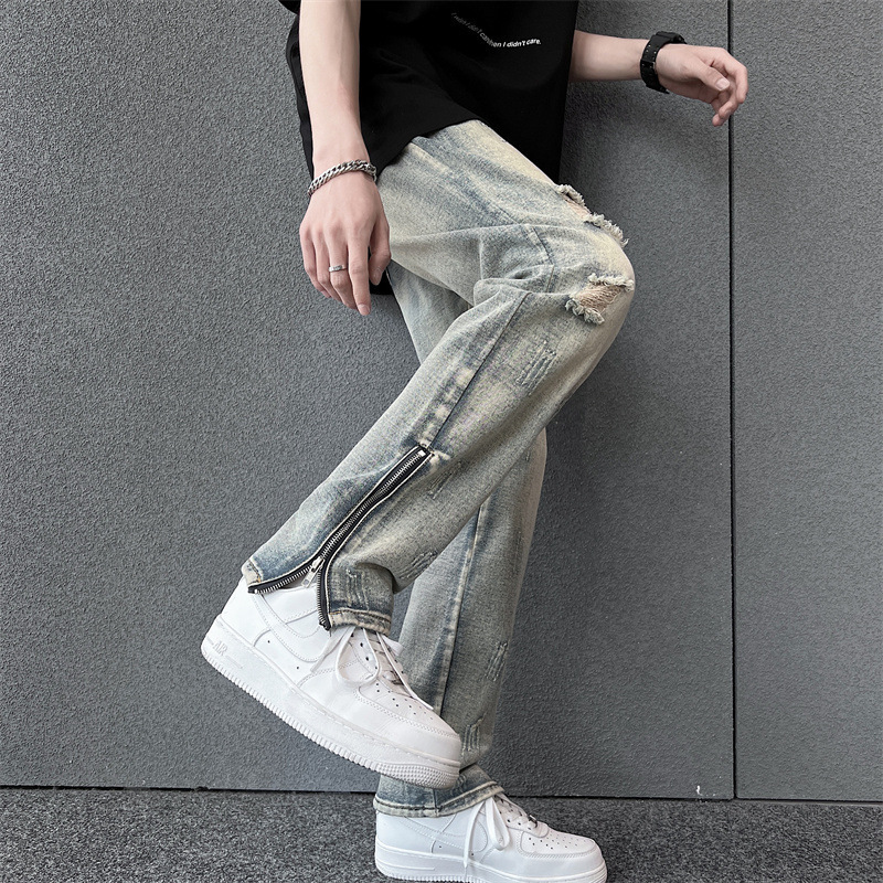 Split Zipper Jeans Men's Spring and Autumn Loose Straight Pants Korean Fashionable Bf All-match Wide Leg Long Pants