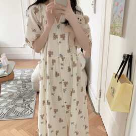 韩国ins女士夏季新款卡通小熊宽松纱布波点家居服短袖睡裙睡衣女
