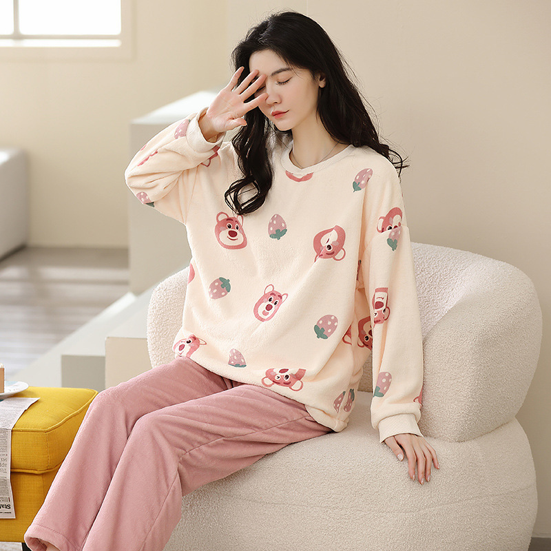 잠옷 여성의 가을과 겨울 산호 양털 여성 플란넬 여성의 2024 새 겨울 플란넬 홈 의류 세트