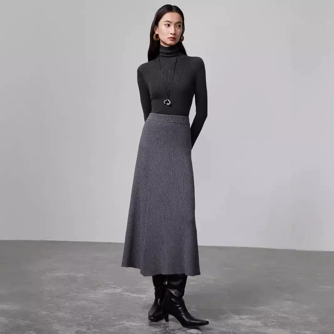 可机洗绵羊毛A字鱼尾半身裙 秋季复古纯色垂感高腰针织半身裙女