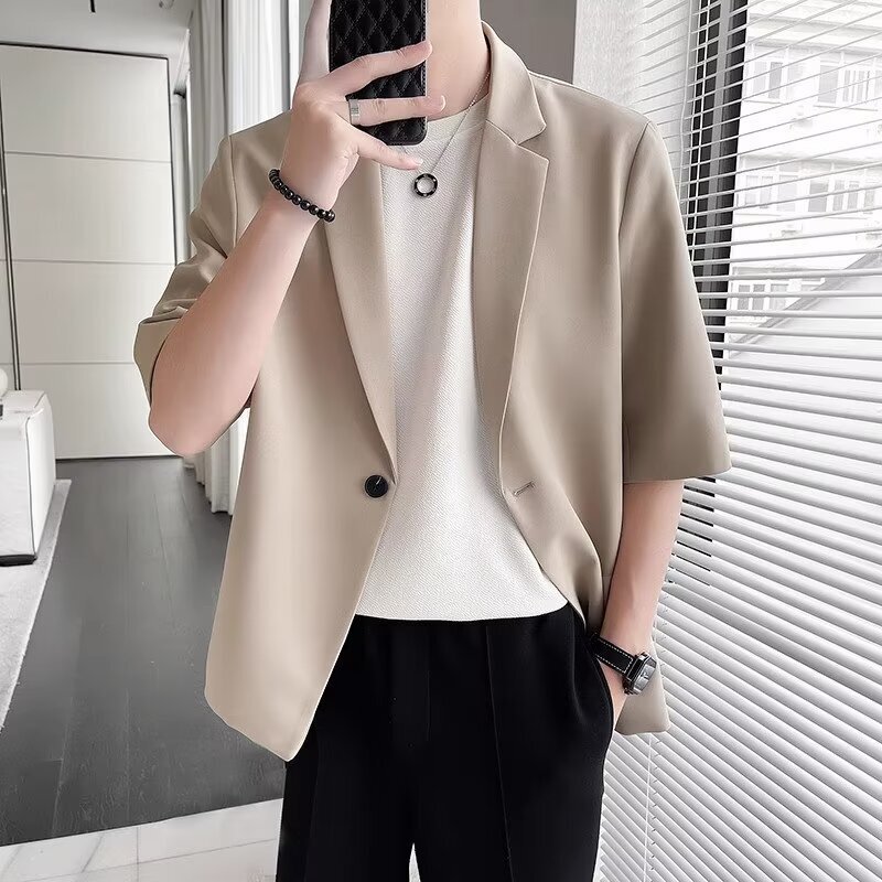 Spring, Summer, and Autumn New Thin Short-Sleeved Suit Jackets for Men, Korean Style, Handsome, Mature, Trendy, Stylish Small Suits
