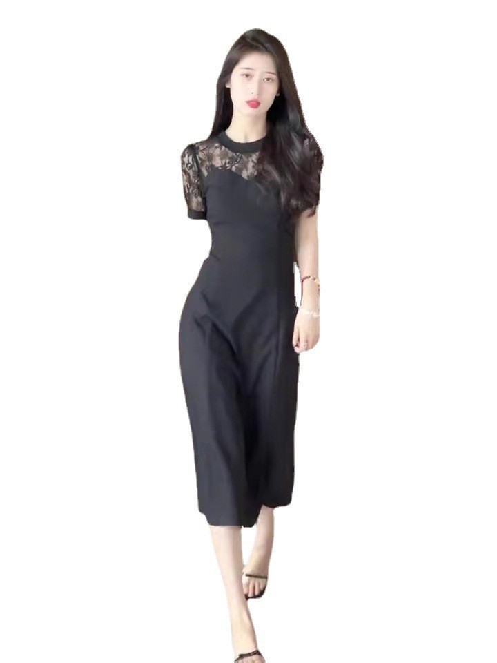 Đầm suông nữ midi phối chất liệu đen FL222380 — Váy liền màu đen