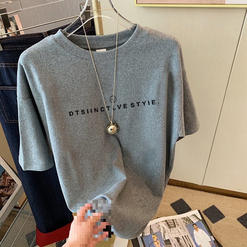 Women's Fashionable Versatile Thickened Pure Cotton Brushed Short-Sleeve T-Shirt for Spring and Autumn