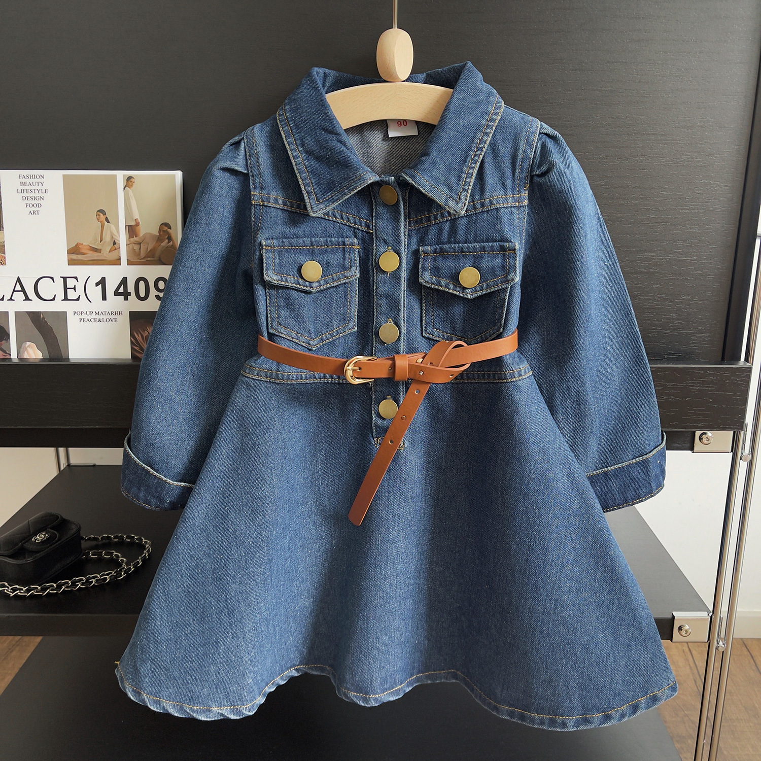 Rochie din denim cu mâneci lungi pentru fetițe din bumbac moale_voghion.com