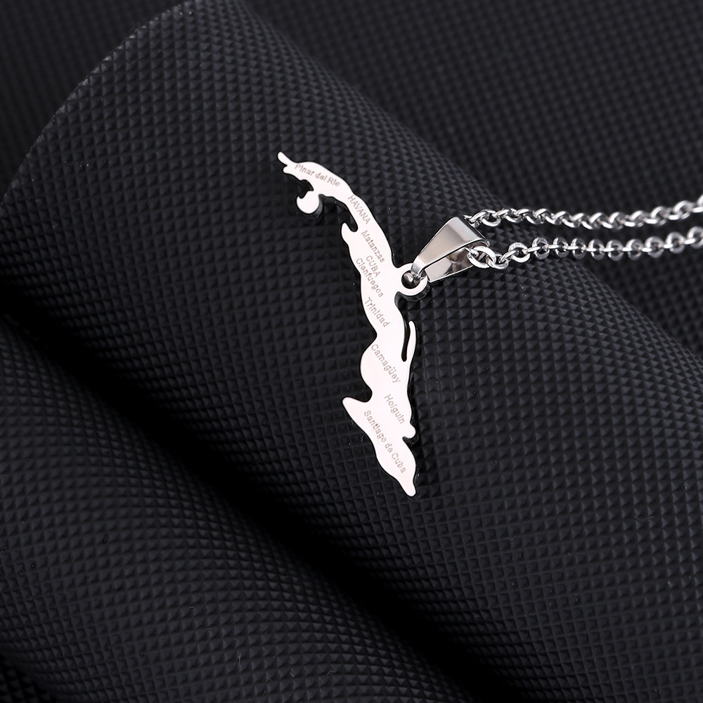 Vintage Öltropfen Kubanische Republik Karte Anhänger Halskette Mode Edelstahl Damen Schlüsselbein Kette_voghion.com