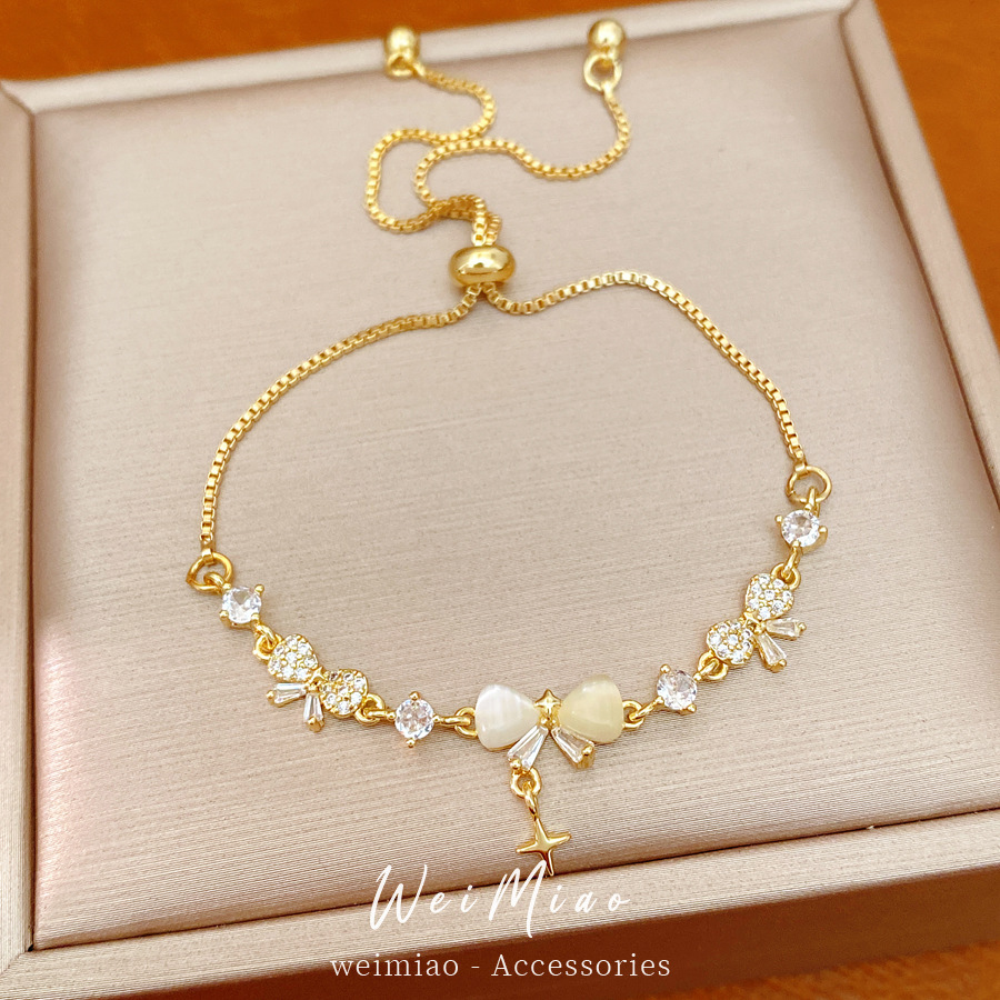 18K oro real arco de mariposa de piedra de galería pulsera pulsera ligera de lujo nicho temperamento joyería de la mano image 4
