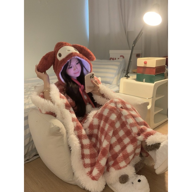 【可爱美乐蒂】卡通格纹珊瑚绒连帽睡衣秋冬2025款加厚家居服睡袍|undefined