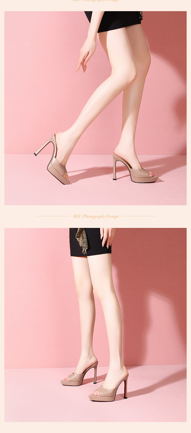 Sandal cao gót nữ mũi nhọn hở ngón, đế xuồng platform, da thật, gót 10 cm — Trần truồng 10㎝ chi tiết 10