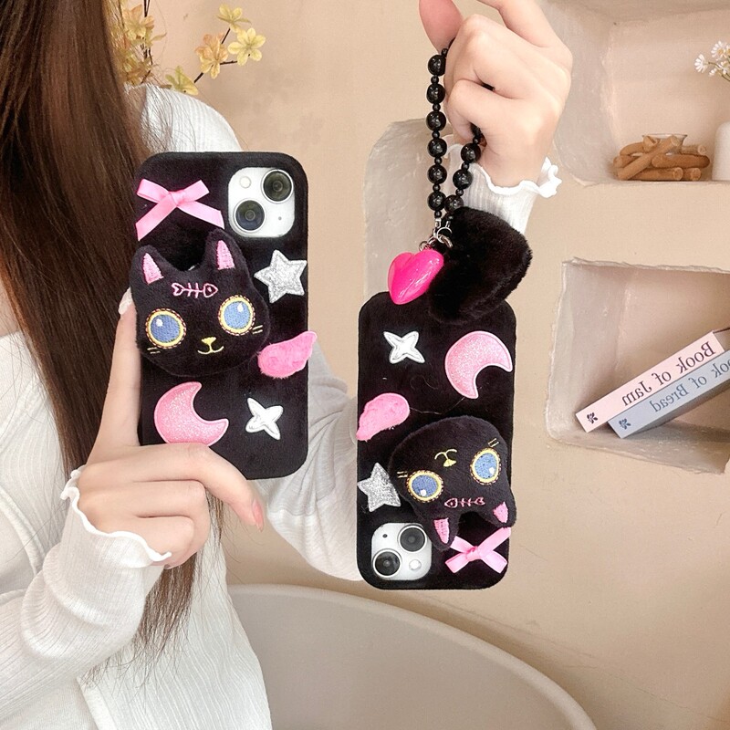 Beautiful Girl Black Cat Suitable for New 17 Series Ins Style Mobile Phone Protective Case Apple 15Pro Mobile Phone Protection