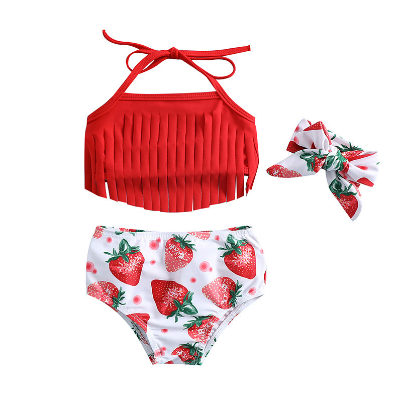 2025 Strawberry Print Girls' Red Tassel Strap 3-Piece Swimsuit Set Beach Children's Style