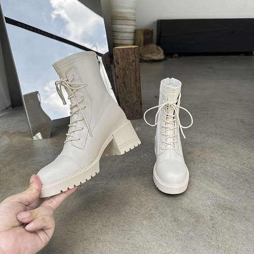 Short boots for women 2024 new autumn and winter thick heel Martin boots British slim boots women's thick sole lace short boots women's boots