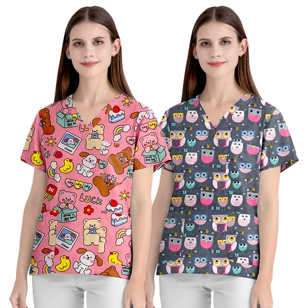 Cartoon Printed Nurse Uniform Surgical Uniform Nurse Uniform V-Neck Short-Sleeved T-Shirt Top Amazon Hot Style V-Neck Women