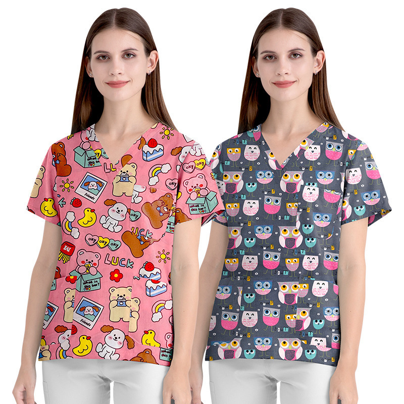 Cartoon Printed Nurse Uniform Surgical Uniform Nurse Uniform V-Neck Short-Sleeved T-Shirt Top Amazon Hot Style V-Neck Women