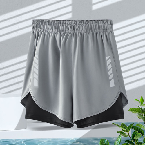 American basketball shorts men's fake two-piece training sports running ice silk quick-drying knee-length fitness shorts summer