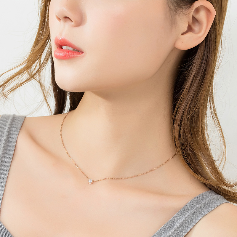 cable chain Chain Type 1 Piece Quantity Daily Occasion Wholesale Jewelry Simple Style Round Titanium Steel Zircon Rose Gold Plated Plating Inlay Pendant Necklace