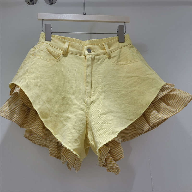 Shorts de Mezclilla con Encaje de Cuadros y Cintura Alta Corte Holgado para Verano