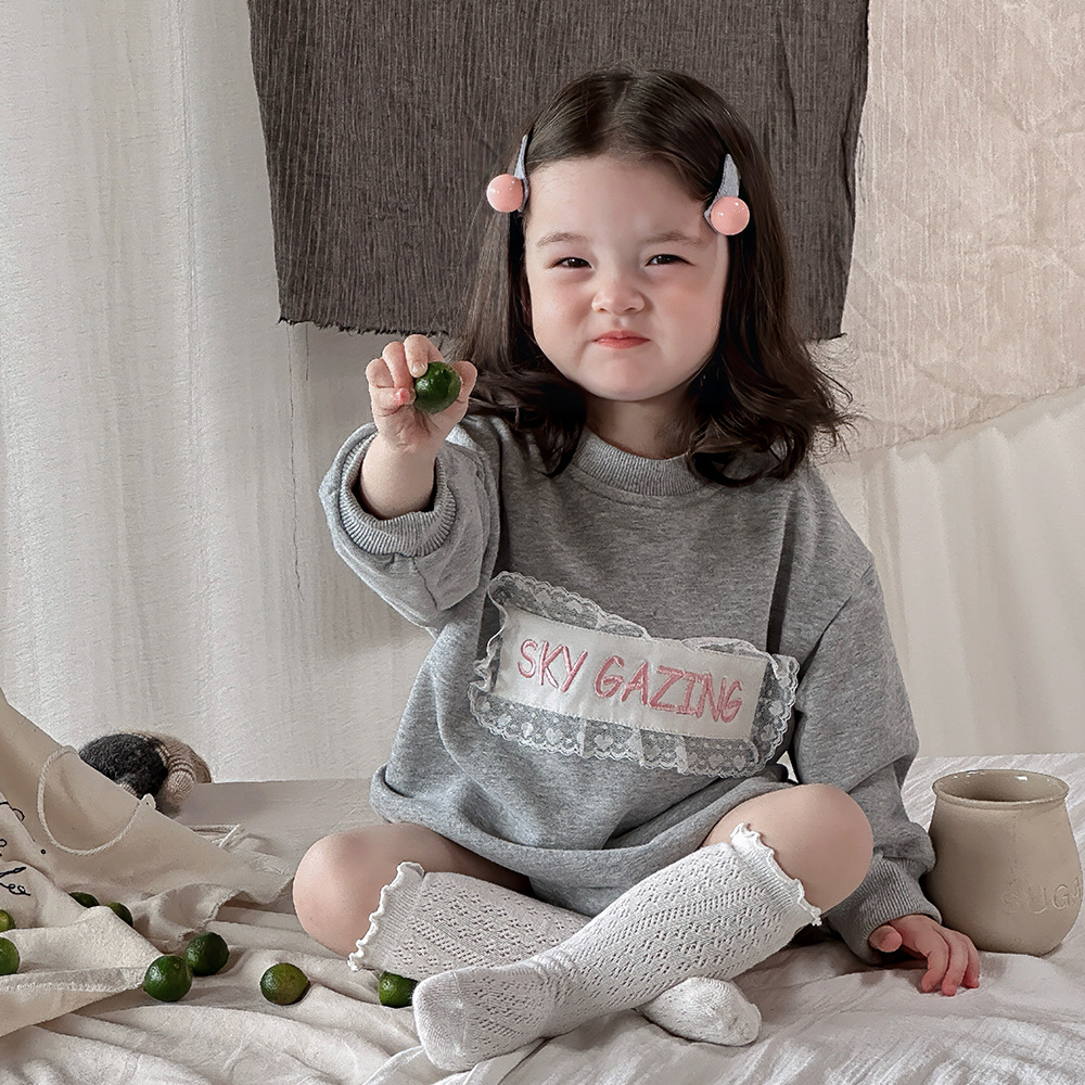 Ropa para niños coreanos, niñas, ropa de una pieza de encaje de estilo occidental, mameluco suelto, ropa de salida, ropa de manga larga para bebés femeninos